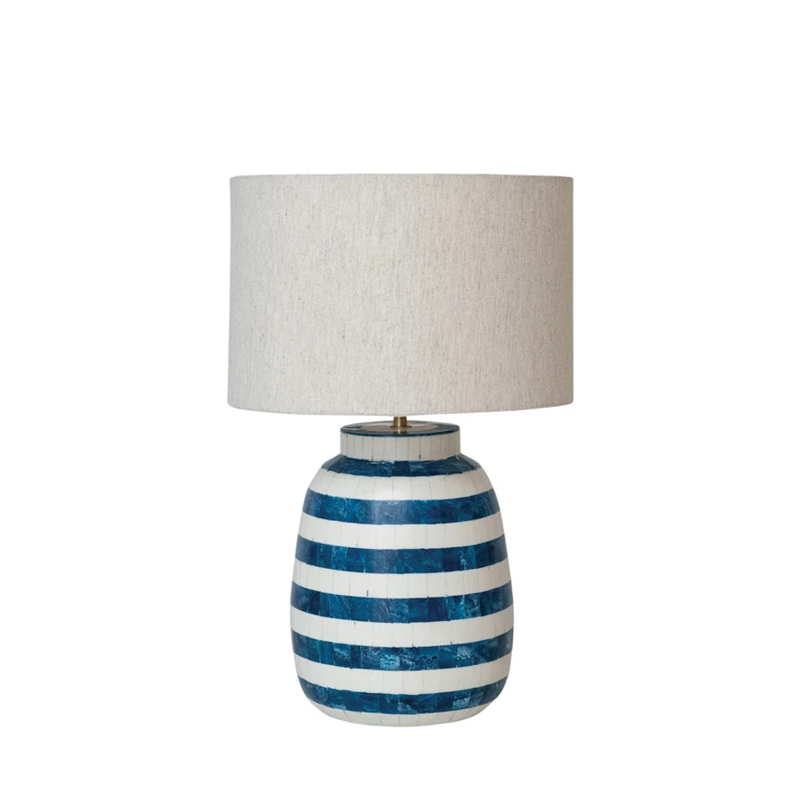 Blue Resin Inlaid Table Lamp w/ Stripes & Cotton Shade
