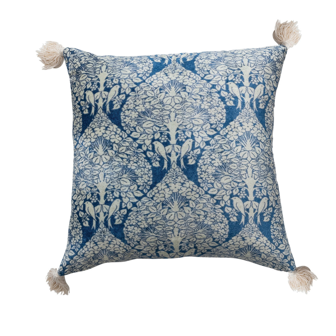 Velvet Printed Cotton Blend With Tassels Pillow, 18" Square