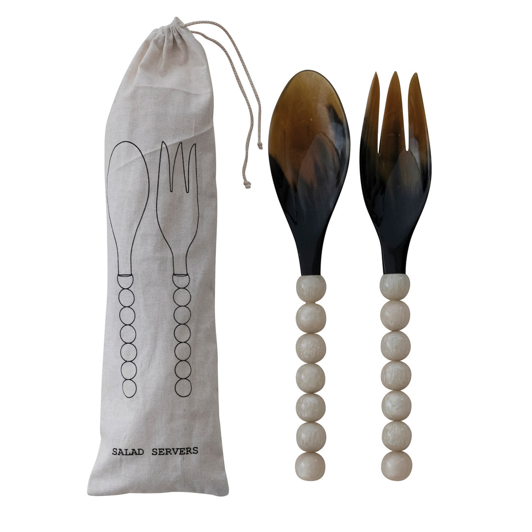 Natural Horn Salad Servers With Resin Handles, Set of 2