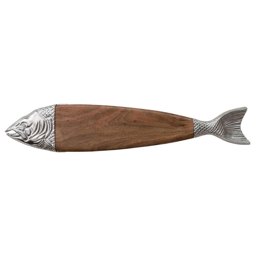 Acacia Wood & Cast Aluminum Fish Shaped Cheese/Serving Board, Natural & Nickel Finish