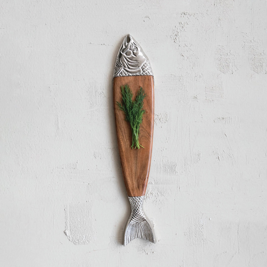 Natural & Nickel Finish Acacia Wood & Cast Aluminum Fish Shaped Cheese & Serving Board