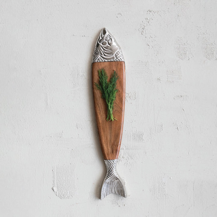 Natural & Nickel Finish Acacia Wood & Cast Aluminum Fish Shaped Cheese & Serving Board