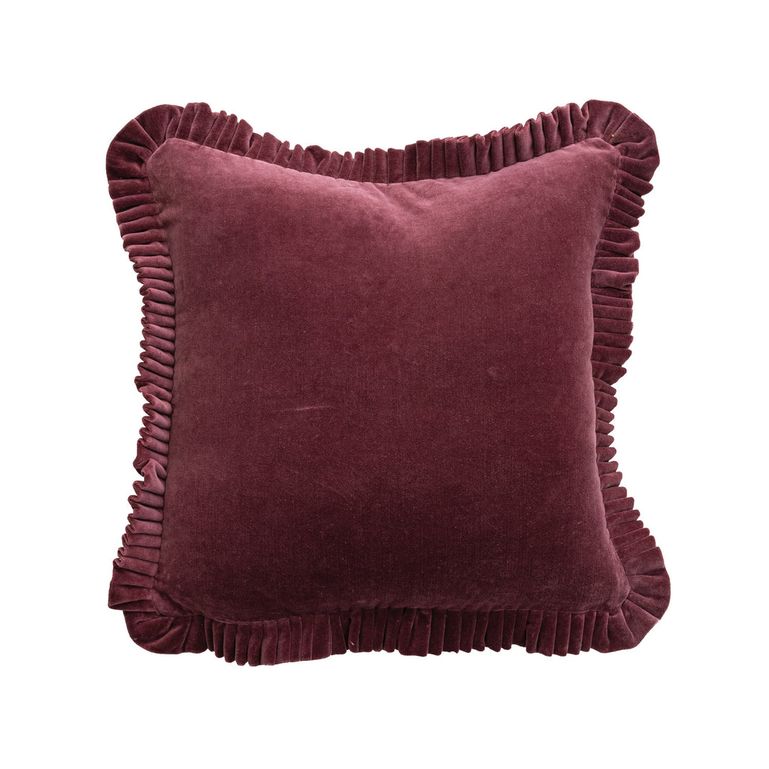 Burgundy Cotton Velvet Pillow With Ruffle, 18" Square