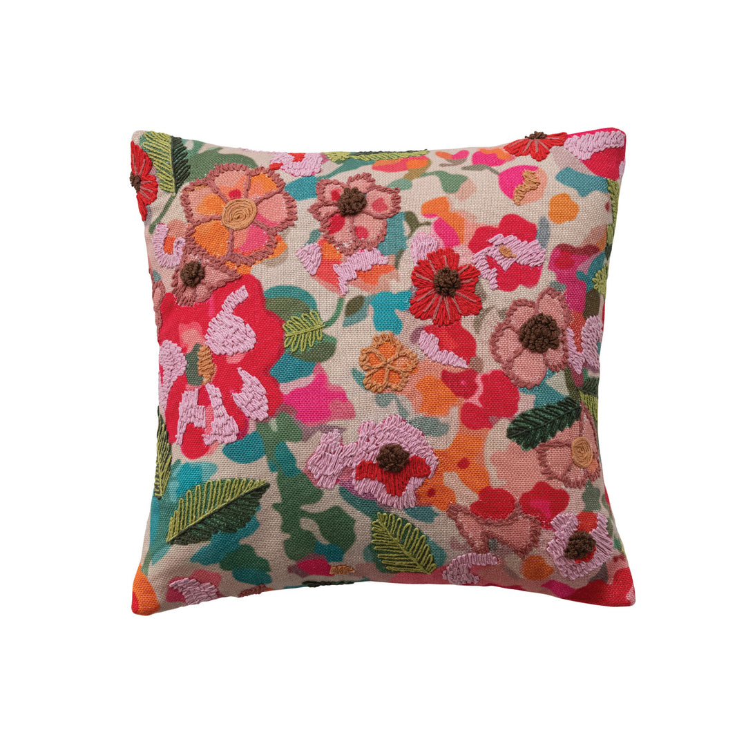 18" Square Fabric Pillow with Flowers, Embroidery & Cotton Back