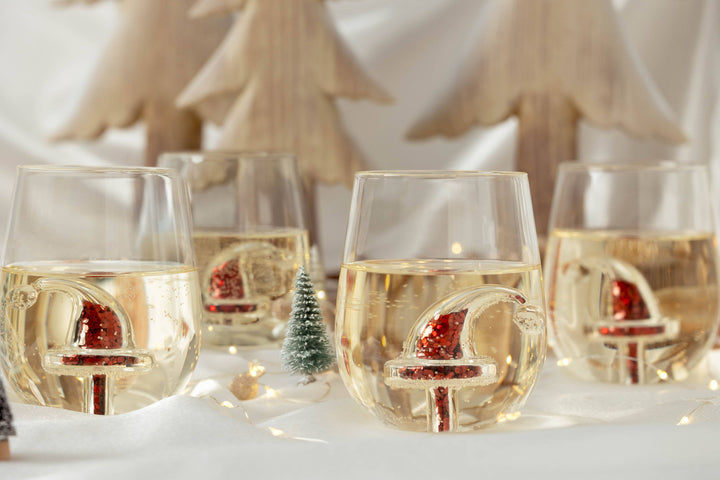 Glitter Christmas Santa Hat Stemless Wine Glass