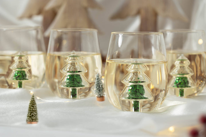 Glitter Christmas Tree Stemless Wine Glass