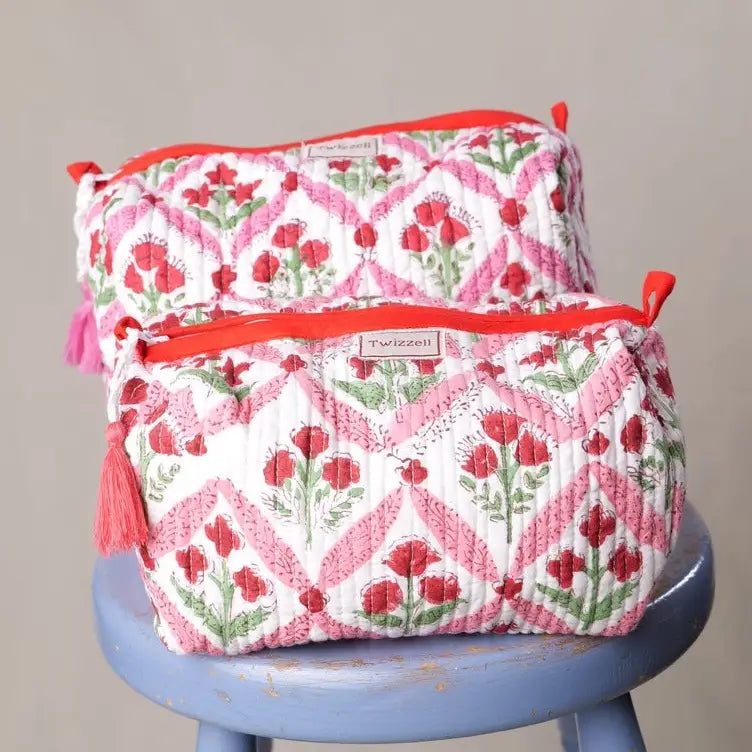 Red Flower With Pink Trellis Quilted Wash Bag, Large