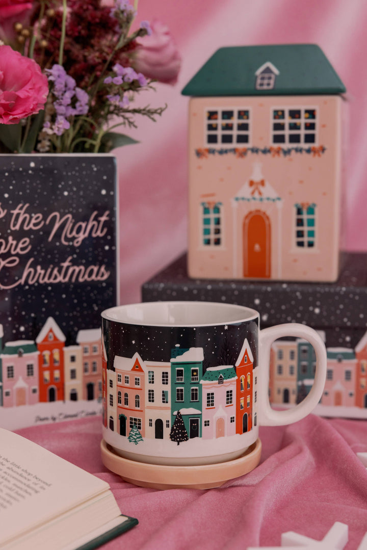 Ceramic Mug with Coaster Lid, Holiday Village