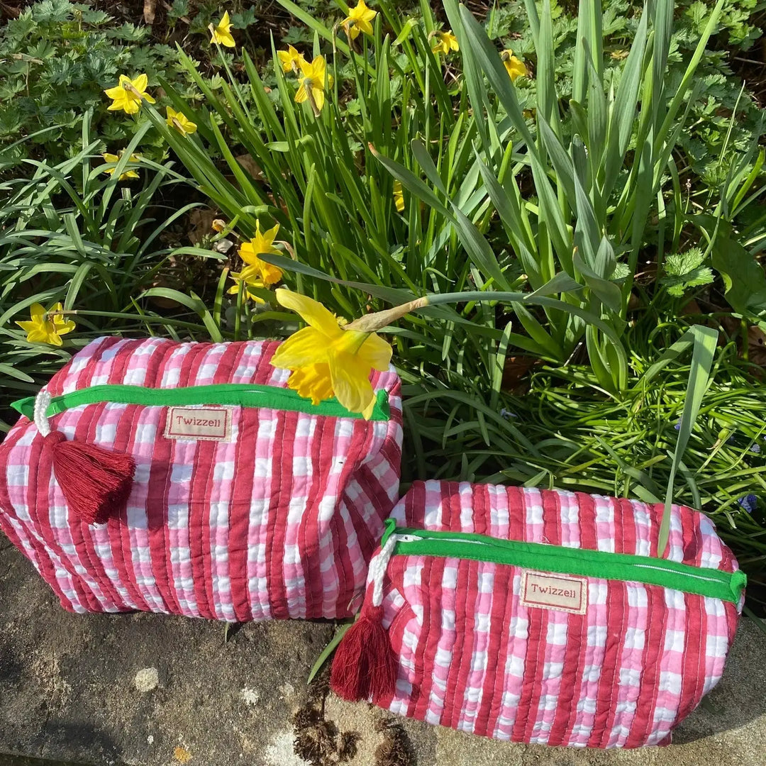 Red & Pink Gingham Quilted Wash Bag, Large
