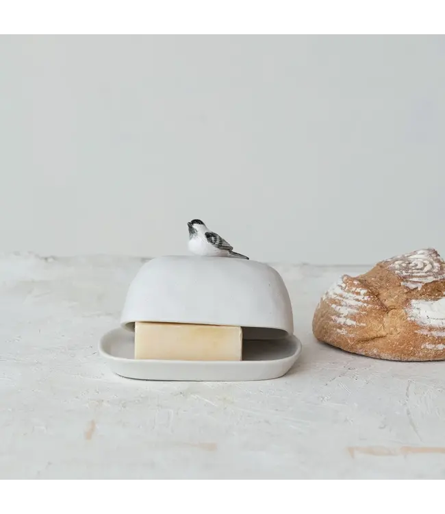 Stoneware Butter Dish With Perched Bird Shaped Handle