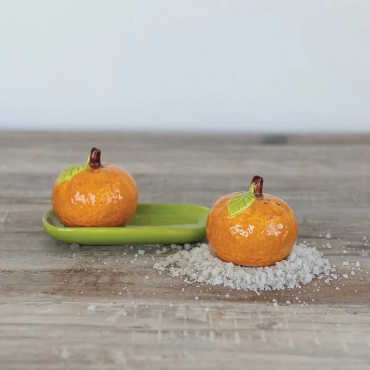 Clementine Shaped Salt & Pepper Shakers with Tray, Set Of 3