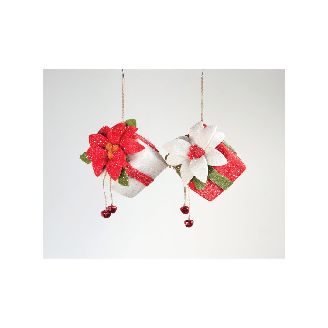 Felt Present Ornament With Poinsettia & Jingle Bells