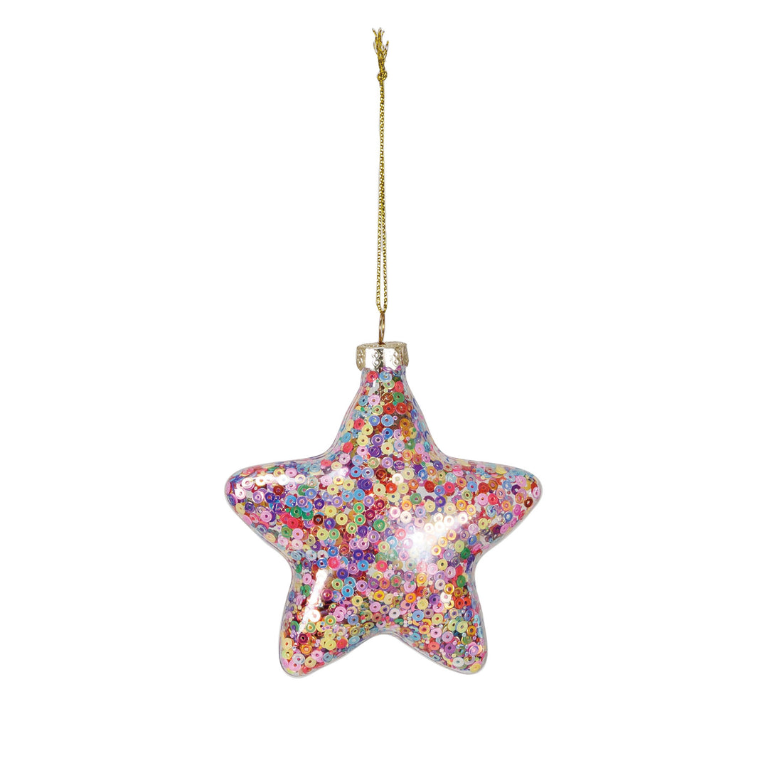Multi Color Glass Star Ornament Filled With Sequins