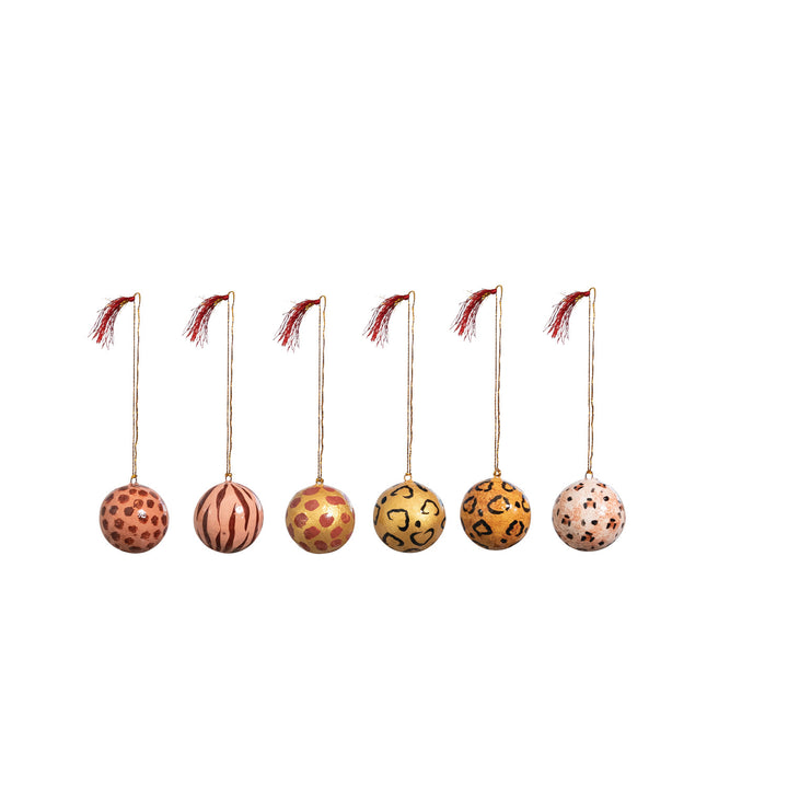 Hand-Painted Paper Mache Ball Ornament With Animal Print