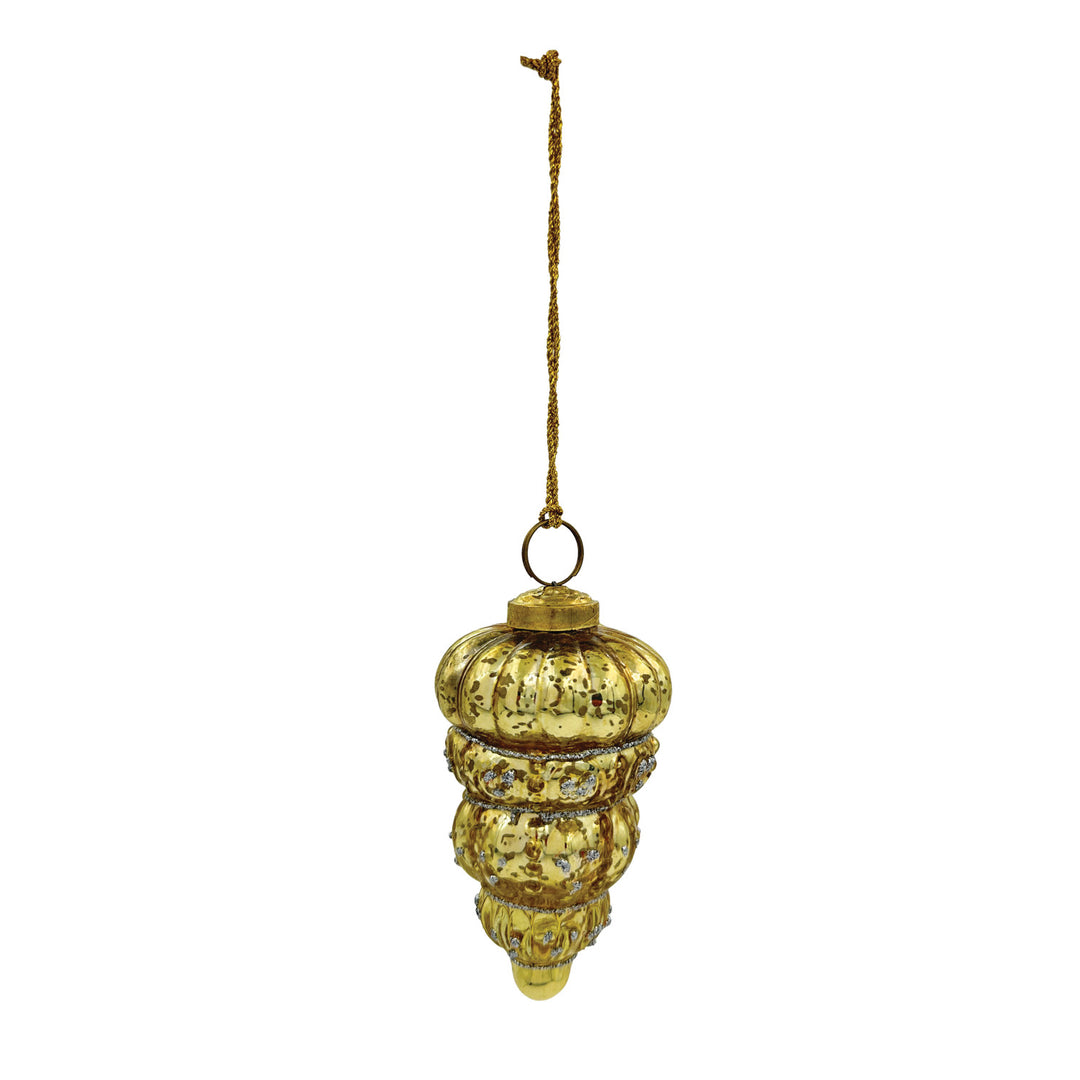Gold Embossed Mercury Glass Finial Ornament With Glitter
