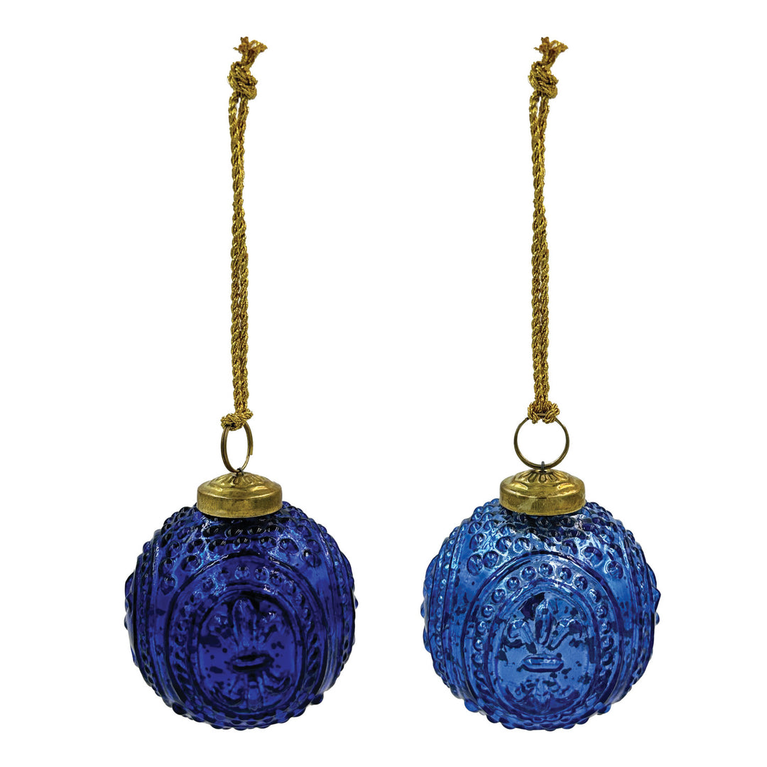 Blue Embossed Recycled Mercury Glass Ball Ornament