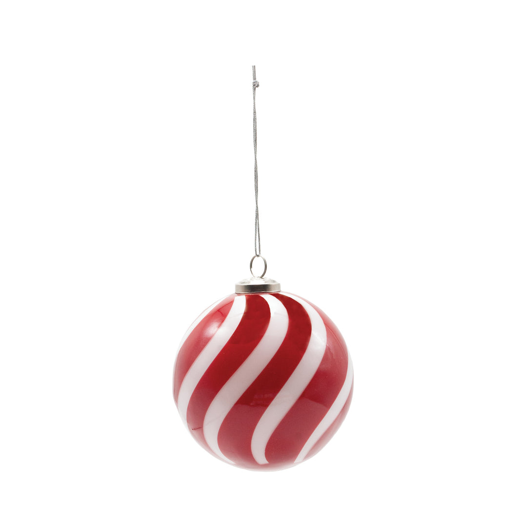 Red & White Hand-Blown Glass Ball Ornament With Swirled Stripes