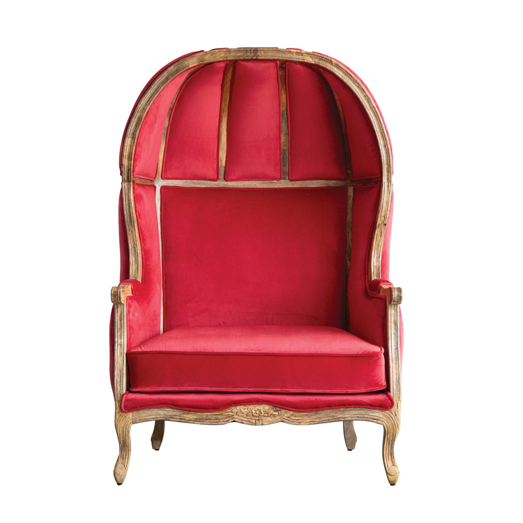 Berry & Natural Velvet Upholstered Balloon Chair With Hand-Carved Mango Wood Frame