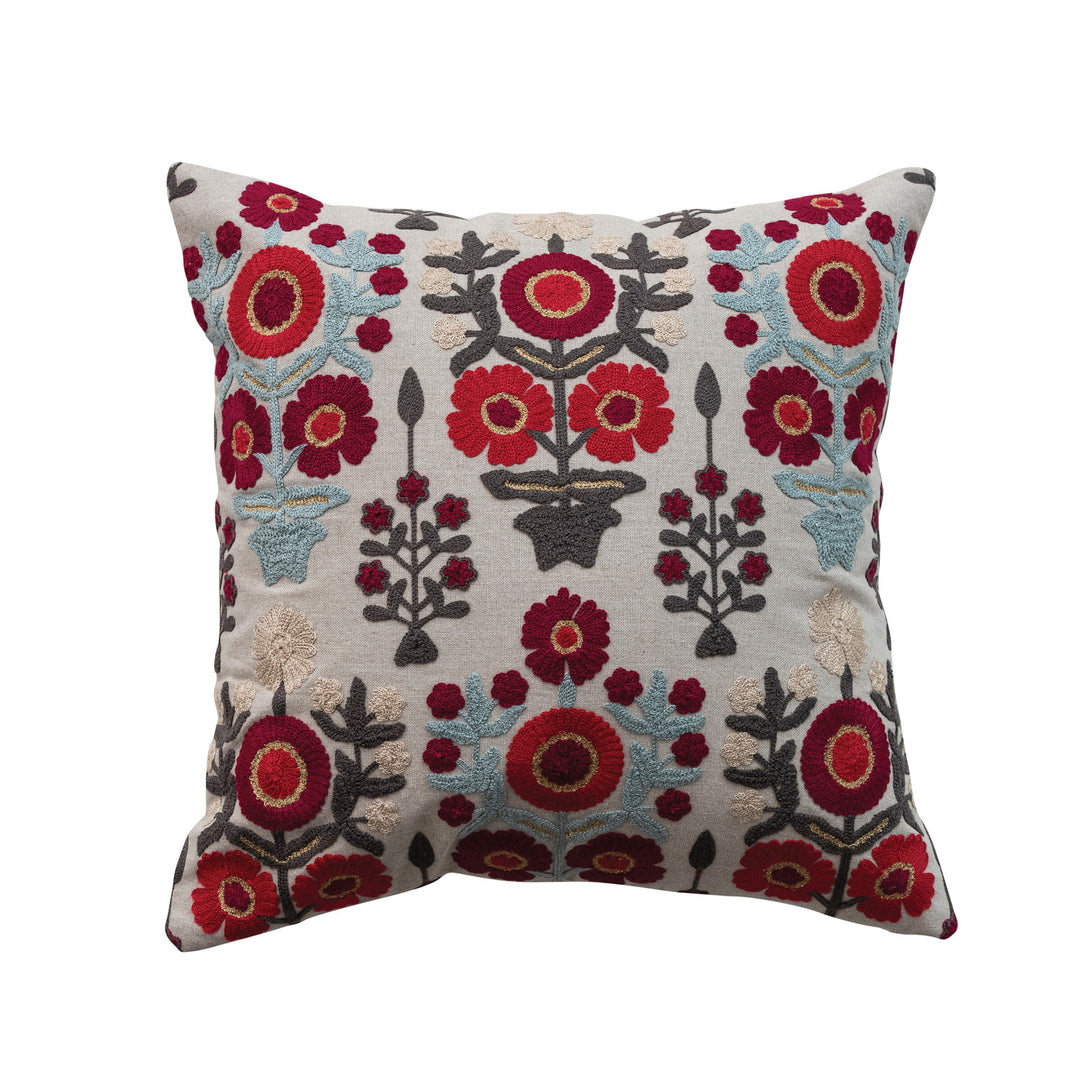 Chambray Pillow with Embroidered Floral Pattern, 18" Square