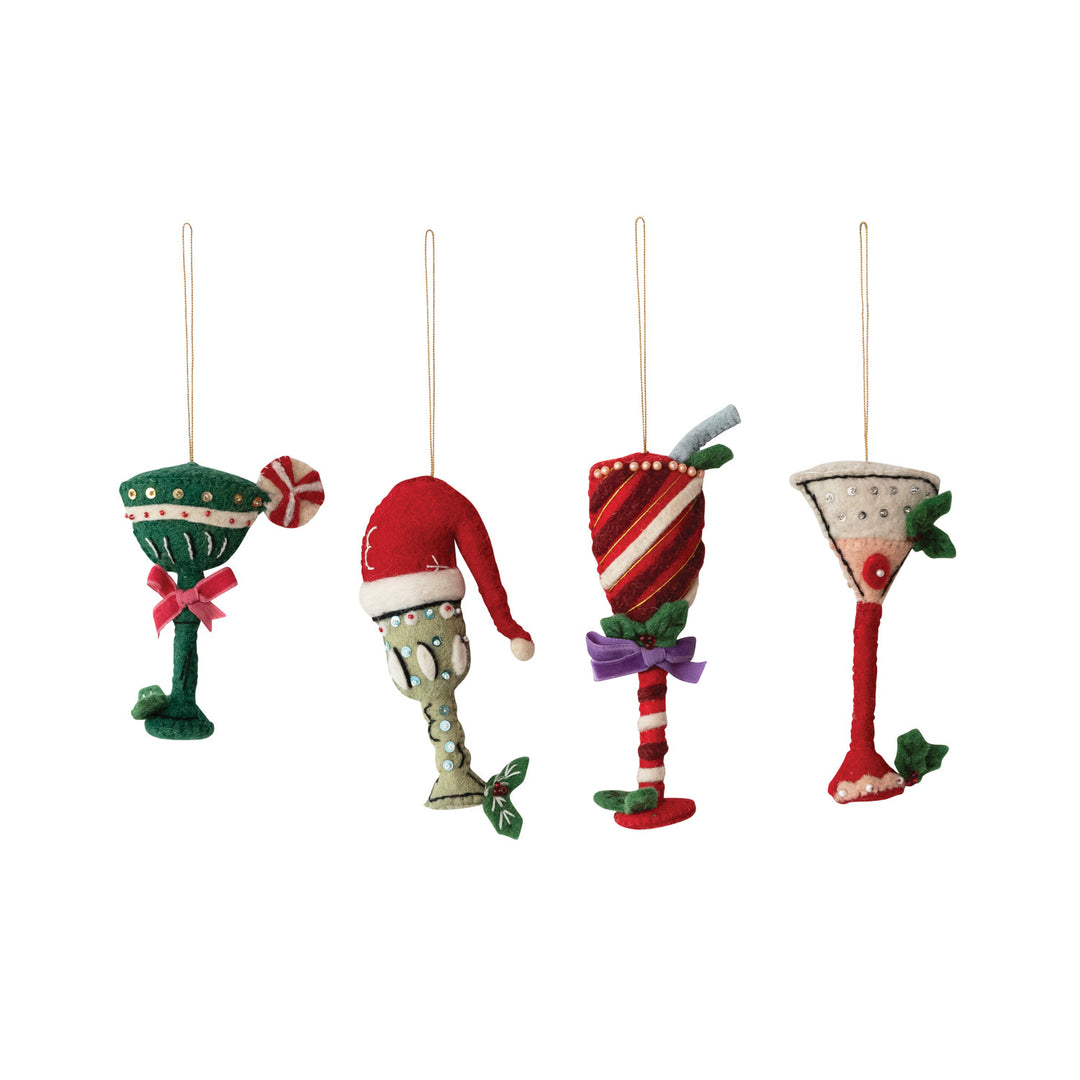Sequins & Beads Handmade Wool Felt Holiday Cocktail Ornament with Embroidery