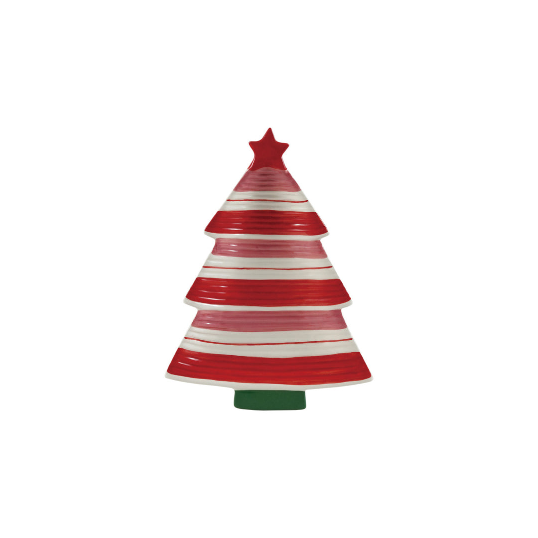 Striped Tree Shaped Hand-Painted Stoneware Platter With Star