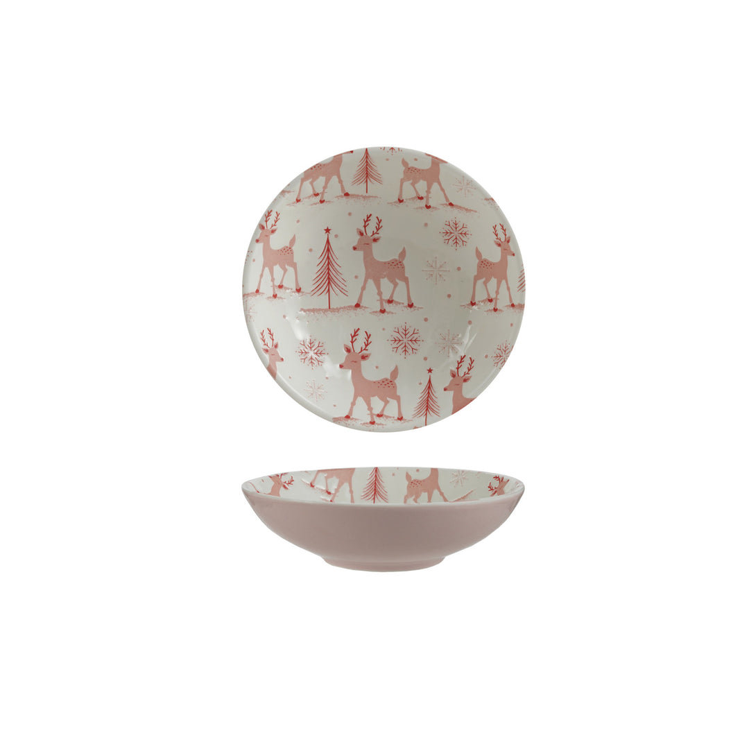 White & Pink Stoneware Bowl With Reindeer, Trees & Snowflakes Pattern