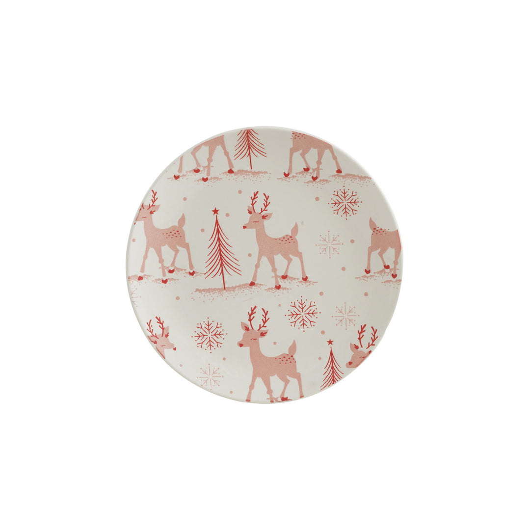 White & Pink Stoneware Plate With Reindeer, Trees & Snowflakes Pattern