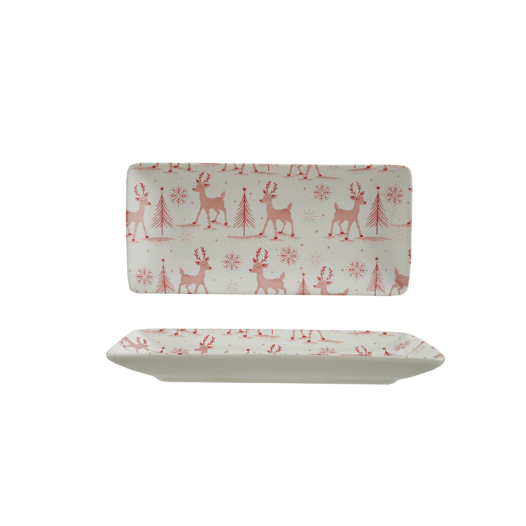 White & Pink Stoneware Platter With Reindeer, Trees & Snowflakes Pattern