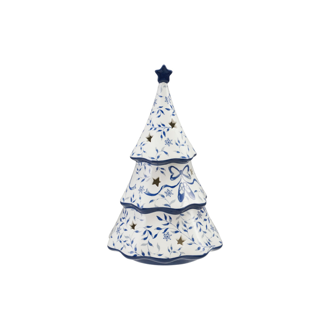 White & Blue Ceramic Tree With Star Cut-Outs & LED Light