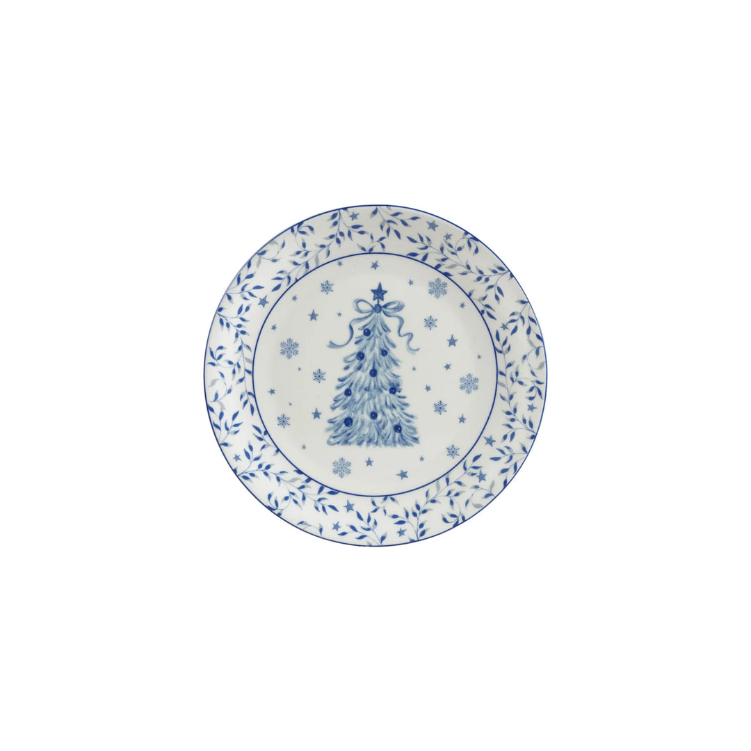 White & Blue Stoneware Plate With Tree