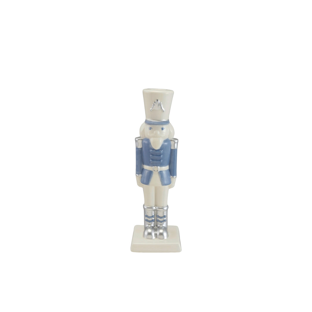 White & Blue Ceramic Nutcracker Shaped Taper Holder With Silver Electroplating