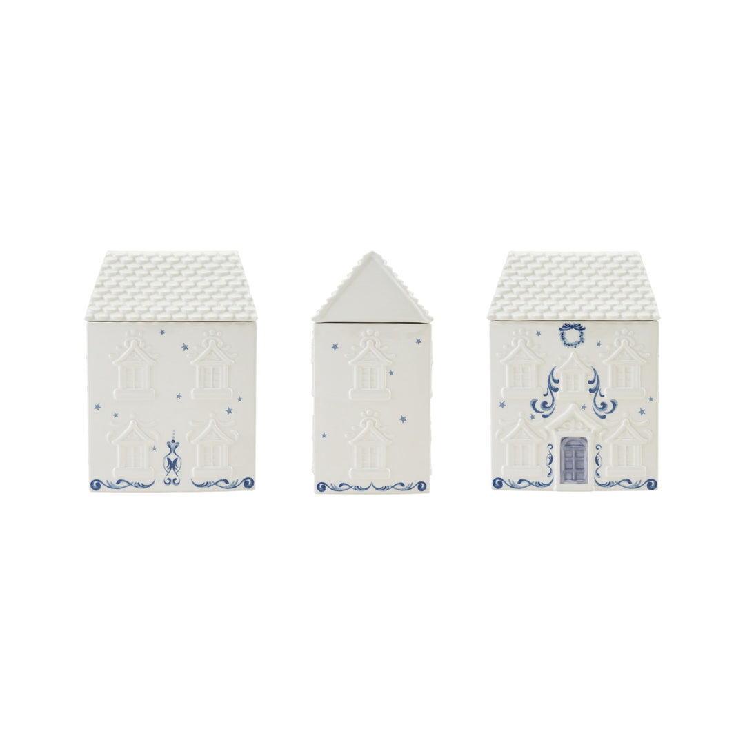 White & Blue Ceramic House Shaped Cookie Jar With Stars, Wreath & Design