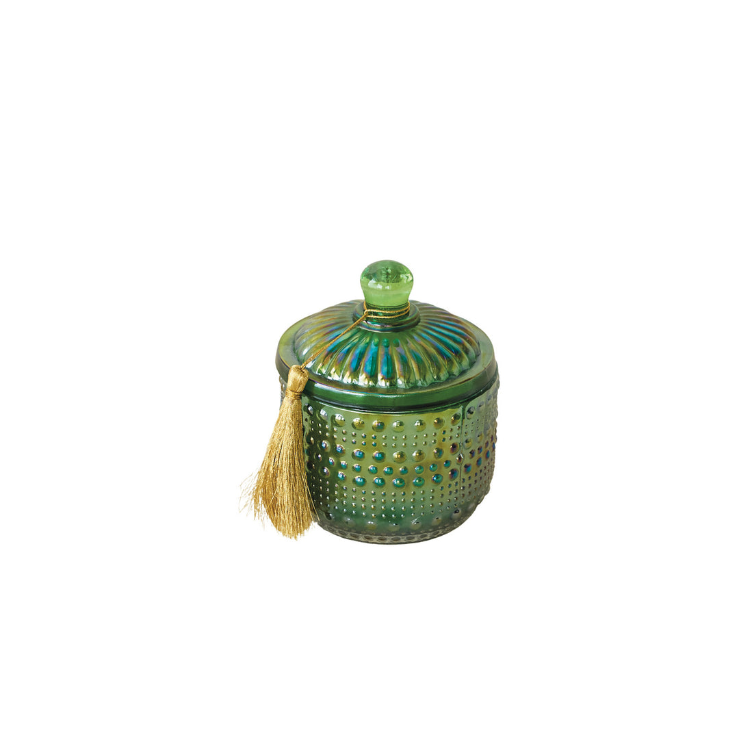 Walk In The Woods Embossed Glass Scented Jar Candle With Lid & Gold Color Tassel, 9.5 Oz.