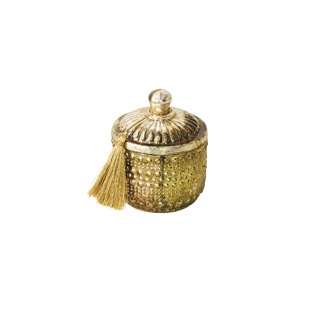 Frosted Woods Embossed Glass  Scented Jar Candle with Lid & Gold Color Tassel, 9.5 Oz.